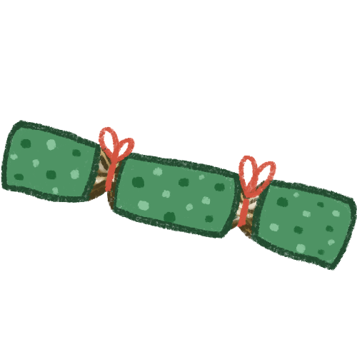 A green christmas cracker with darker and lighter green dots on it. It has red ribbons tied between the segments that are pulled apart